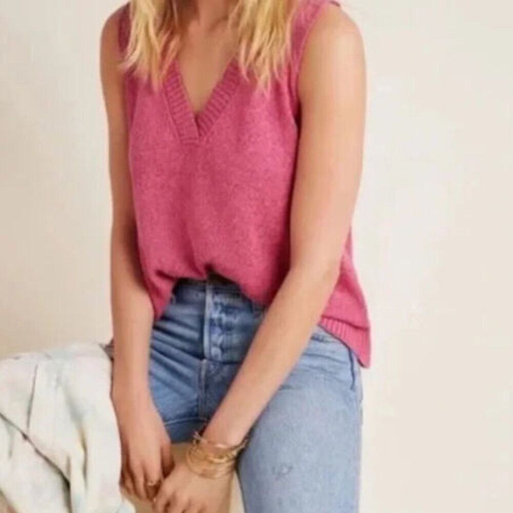 Anthropologie Tank Top Knit Womens Medium Pink V-Neck Sleeveless Cotton Blend - Picture 9 of 9